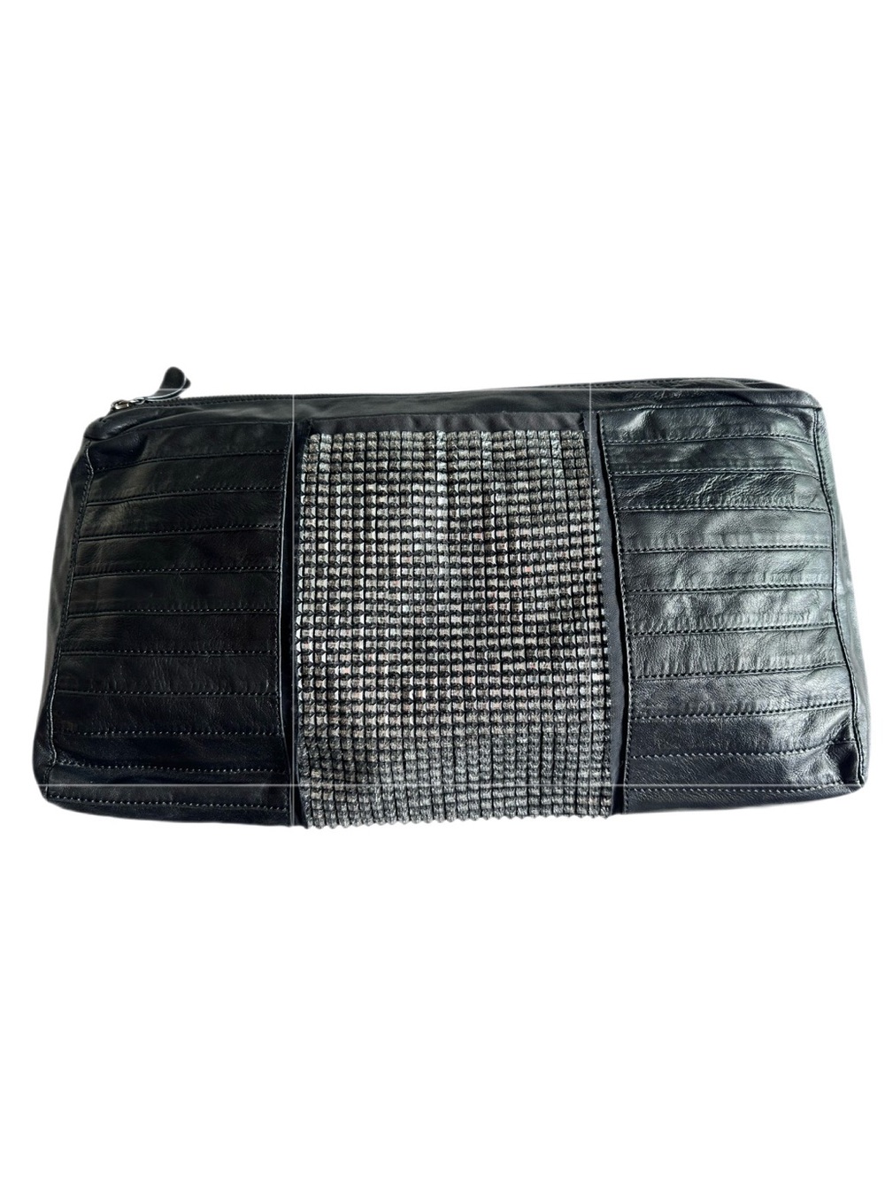 Authentic Hervé Léger Oversized Black Leather & Beaded Clutch Bag